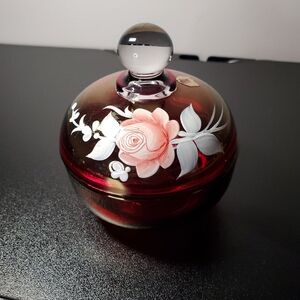 Ruby Red Glass Vanity Trinket Dish Handpainted Flowers Signed 1978 Flashed